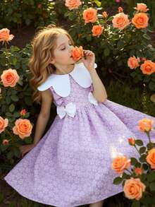 1pc Girls Lavender Fairy Summer Wedding Guest Dress,Textured Fabric Floral Asymmetrical Neckline Waist Big Bow Frill Trim A-Line Countryside Style - Purple - View 3