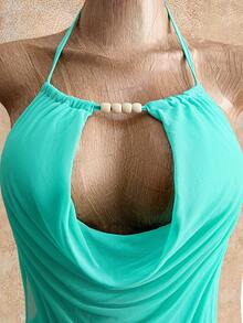 Mistrie Women's Summer Casual Bohemian Vacation Style Mesh Halter Drawstring Ruffled Dress - Mint Green - View 3