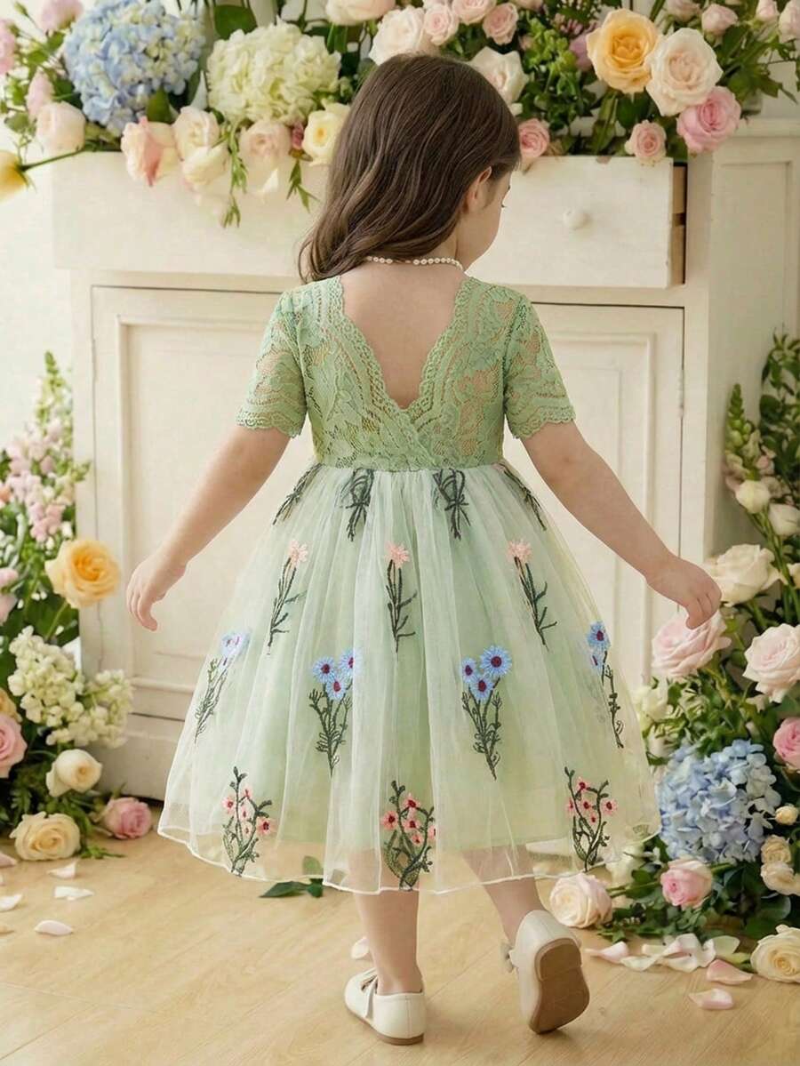 SHEIN Baby Girls' Elegant Sage Green Summer Lace Patchwork Embroidery Short Sleeve Dress,Toddler Flower Girl Floral Party Kid Spring Dress - Green - View 1