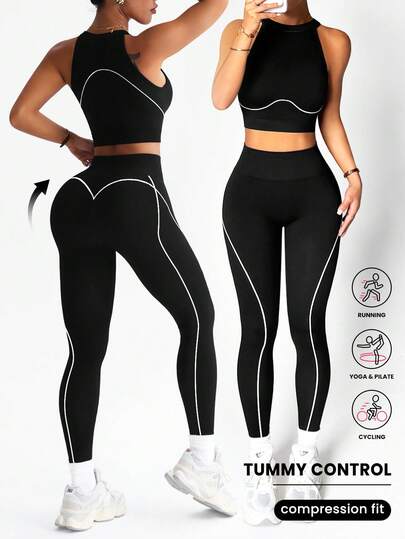 Seamluxe SHEIN Sport Conjunto deportivo negro ajustado con contraste de color, cómodo y sin costuras, para verano