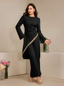 Graceveil Bộ đồ nữ màu mơ gồm áo dài tay cổ tròn, eo thon, vạt bất đối xứng và quần ống rộng dáng casual. - màu đen - Xem 6