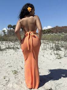 Alexandranx Women Summer Vacation Beach Sexy Halter Backless Beaded Floral Knit Orange Cami Top + Extra Long Knit Floral Pattern Skirt 2 Pieces Set Sexy Outfits For Women In Fall/Winter - Orange - View 2