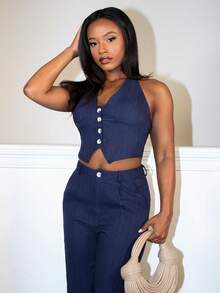 Steph T Women's Streetwear Solid Color Vest And Pants 2 Pieces Set, Summer - Navy Blue - View 4