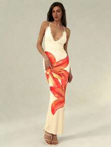 Aloruh 性感花卉印花露背吊带连衣裙，适合女性，假日装扮，夏季服装，夏季沙滩装，女士沙滩度假装，波西米亚热带风情度假装，童话印花，浪漫粉彩花卉印花连衣裙。 - 淡黃色 - 查看 6