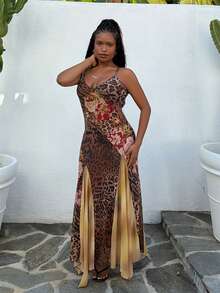 Tyla Gomez Neues lässiges Urlaubsoutfit, Hochzeitsgast-Garderobe für Strand-Hochzeiten, Abschlussfeier-Brunch Damenkleid, elegantes bohemian-tropisches asymmetrisches gestricktes Mesh-Kleid mit Braun-Rose-Leoparden-Muster, geeignet für St. Patrick's Day, Frühjahrsferien, Ostern, Musikfestivals - Braun - Übersicht 6