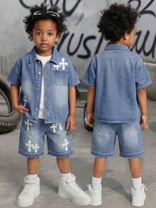 2pcs Young BoyCross Pattern Black Denim Shirt And Shorts Set - Medium Wash - View 6