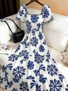 GlowEve Women's Blue & White Printed Square Neck Short Sleeve Cinched Waist Backless A-Line Long Dress, Casual Chic Commute Elegant Sexy Fashion Versatile Gentle Romantic Sweet Date Vintage Beach Holiday Summer New - Multicolor - View 3