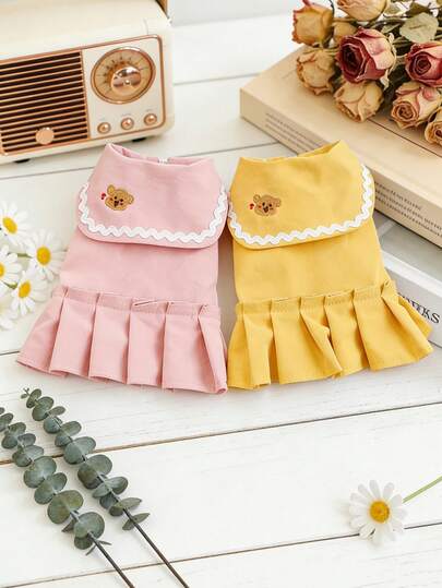 PETSIN 一件甜美藏蓝色领宠物连衣裙，荷叶边下摆，可爱公主风猫狗服装