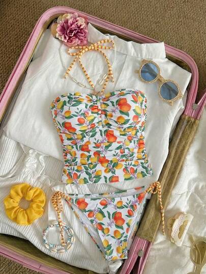 SHEIN MOD 性感水果印花抽绳比基尼套装