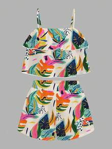 Slaydiva Spring/Summer New Arrivals/Double-Layer Ruffle Cami Tank Top Set For Women/Music Festival/Easter/St. Patrick's Day/Western Style/ Nomadic Style/ Birthday Party/ Graduation/Casual Daily Outfit/Vacation/Cruise Travel/Beach/Sunbathing/Valentine's Day/Fashion Influencer Style/Tropical Graphic Print - Multicolor - View 4