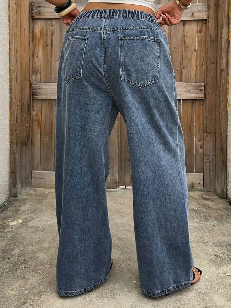 Dazy Plus Rhinestone Embroidered Design Loose Fit Long Casual Jeans, Retro Denim