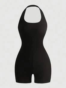 SHEIN Teen Girls Sleeveless Jumpsuit & Shorts, Elastic Slim-Fit Romper - Black - View 3