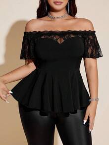 Viva Relle Plus Size Sexy Lace Patchwork Off Shoulder Black Slim Fit Blouse - Black - View 2