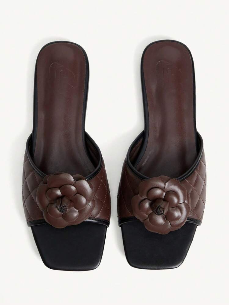 CUCCOO CHICEST Women Shoes Women's New Summer Square Toe Flat Bottom Brown Three-Dimensional Flower Fashion Elegant Women's Flat Sandals Slippers Suitable For Daily Commuting Home Office Vacation And Other Places