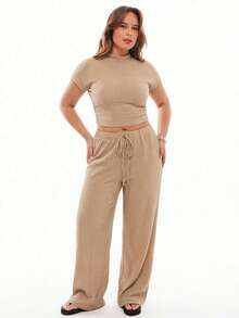 SHEIN EZwear Co-Ords Ukuran Plus Kolor Simpul Lettuce Trim Plaid Plain Casual - Khaki - View 4