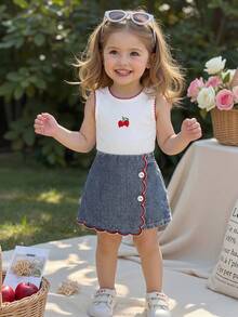 Genkimix Kids Infant/Toddler Girls' Ivory Sleeveless Cherry Blossom Embroidered T-Shirt Vest Top And Denim Embroidered Set, Unique Design Summer Fashion Outfit - White - View 4