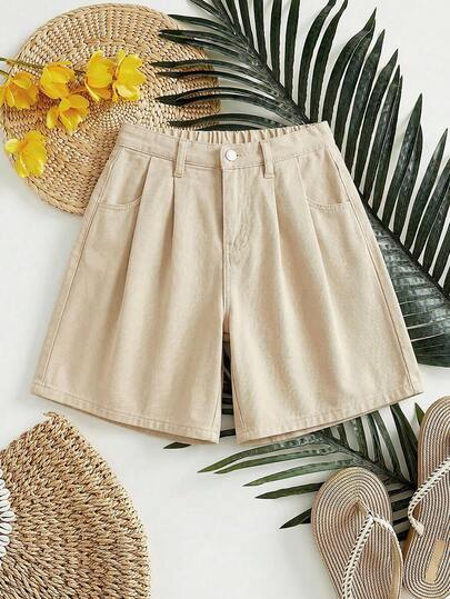 SHEIN 少女高腰褶皱阔腿牛仔长短裤，夏季新款宽松休闲度假风女式牛仔短裤，夏季宽松百慕大短裤，少女夏季A字休闲街头牛仔短裤，舒适时尚，夏季波西米亚风海滩度假音乐会锐舞节，少女夏季短裙裤。夏季假期，春季，女士海滩，女士度假，情人节，休闲