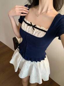 DAZY Women Casual Contrast Bowknot Short Sleeve T-Shirt, Cute Top,Back To School Clothes - Blue - View 4