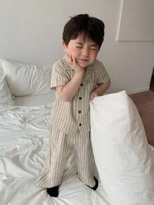 DAZY 2件組男嬰條紋韓式襯衫與寬鬆長褲睡衣套裝 夏季幼兒 - 米色 - 查看 5