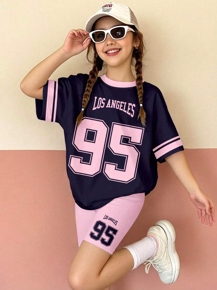 Conjunto de 2 piezas de camiseta de manga corta de cuello redondo y pantalones cortos tipo ciclista en contraste de color azul marino y rosa neón para niñas preadolescentes, adecuado para uso diario en primavera/verano, estilo callejero, salidas, vacaciones, regreso a clases, atuendo retro para niñas de 8 a 12 años - Multicolor - Ver 1
