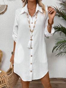 Zayélia 純色紋理扣前襯衫裙 - 白色 - 查看 7