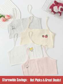 SHEIN Explorewe 4pcs Girls' Minimalist Solid Color Cartoon Cute Strawberry, Rabbit, Cat, Food Print Comfortable Stretchy Camisole Undershirt, Pink, Yellow, White, Gray - Multicolor - View 1
