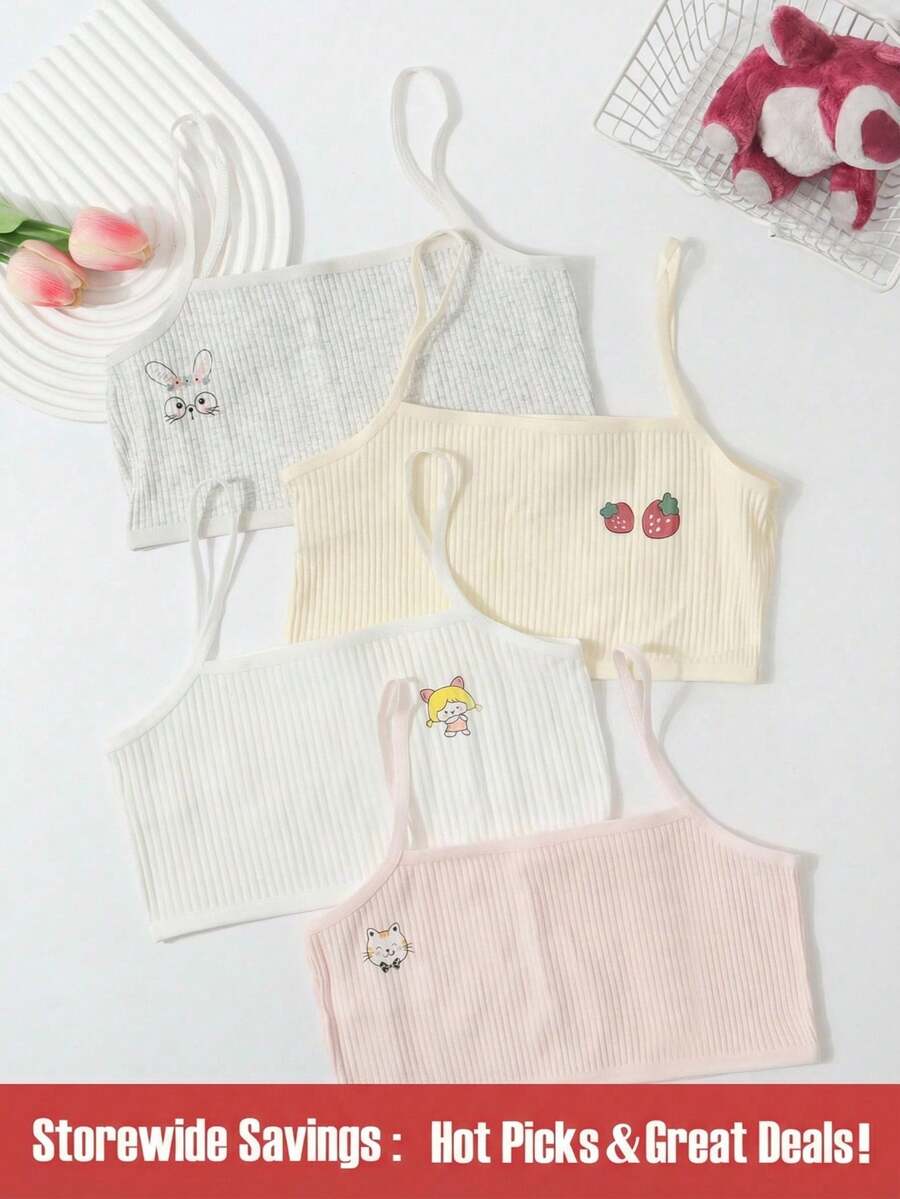 SHEIN Explorewe 4pcs Girls' Minimalist Solid Color Cartoon Cute Strawberry, Rabbit, Cat, Food Print Comfortable Stretchy Camisole Undershirt, Pink, Yellow, White, Gray - Multicolor - View 1