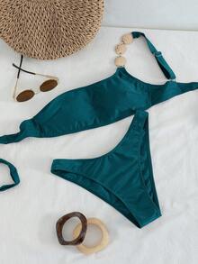 Swim Chiccia Women's Sexy One-Shoulder Swimwear Two Pieces Set, Elegant Minimalist Metal Decor Solid Color Beach Wear - Teal Blue - View 6