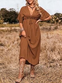 SHEIN LUNE Solid Color Deep V-Neck Ruffle Tie Front Casual Vacation Dress - Rust Brown - View 3