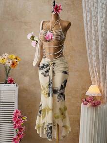 Femesol Floral Print Mermaid Hem Skirt, Vacation Style - Multicolor - View 7