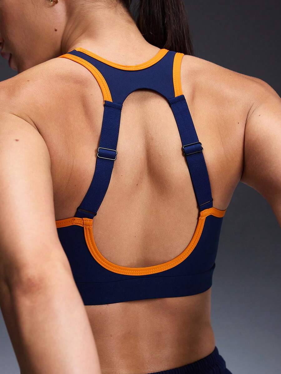 Powerista Sujetador deportivo de espalda abierta con ribete de contraste para mujer - Azul - Ver 1