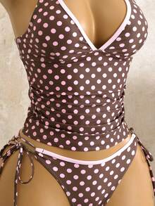 Swim Mod Bộ bikini phong cách retro ngọt ngào dành cho bé gái, màu hồng chấm bi, cổ chữ V khoét sâu, giúp thon gọn vòng bụng, thích hợp cho kỳ nghỉ hè. - Nhiều màu - Xem 5
