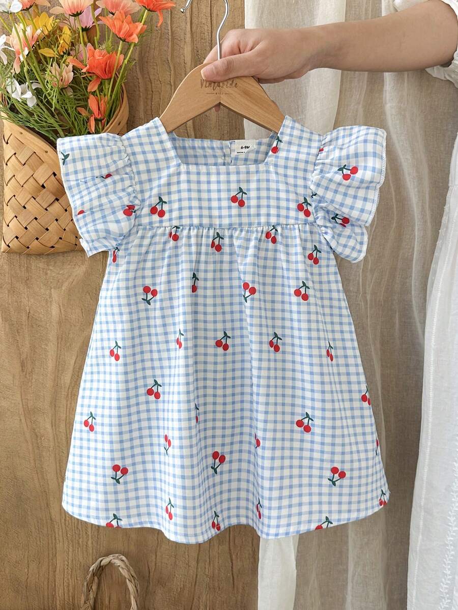 SHEIN Vintaside Kids 女婴夏季蓝色格子樱桃图案短袖迷你连衣裙,田园风格,清新图案,轻盈廓形,适合户外、休闲和派对场合。 - 彩色 - 查看 1