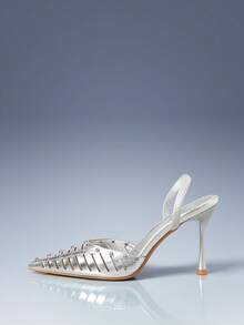 CUCCOO GRLICON Giày cao gót nữ mũi nhọn màu bạc, đính đinh tán kim loại, kiểu dáng gợi cảm, quyến rũ, thích hợp phối cùng váy, dự tiệc, hộp đêm. - Bạc - Xem 2