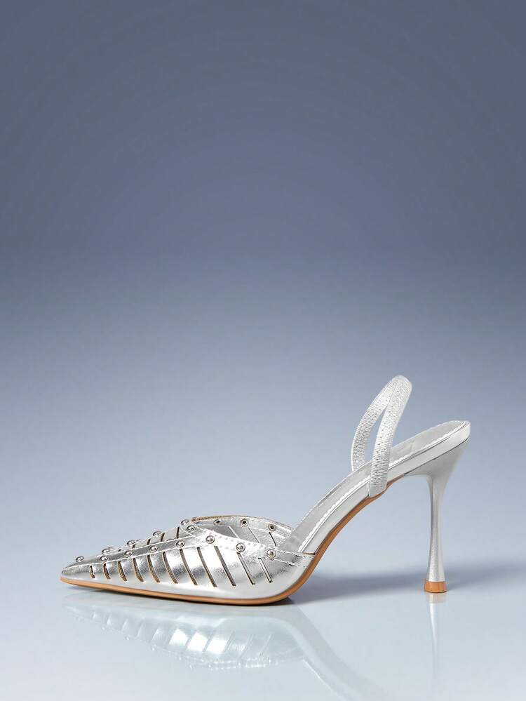CUCCOO GRLICON Women's Pointed Toe Stiletto High Heel Shoes, Silver Hollow-Out Metal Rivet Sexy Fashion Elegant For Dress, Party, Nightclub. Suitable For Spring/Summer, Vacation, Travel, 2000s Style