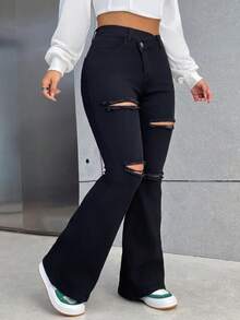 SHEIN PETITE 夏季小码女式低腰修身喇叭牛仔裤 高腰黑色破洞喇叭牛仔裤 女式破洞毛边靴型牛仔裤 深灰色牛仔裤 女式黑色牛仔裤 黑色裤子 小码女装 黑色裤子 女式高腰喇叭牛仔裤 乡村音乐会服装 喇叭修身牛仔裤 - 黑色 - 查看 3