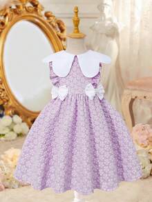 1pc Girls Lavender Fairy Summer Wedding Guest Dress,Textured Fabric Floral Asymmetrical Neckline Waist Big Bow Frill Trim A-Line Countryside Style - Purple - View 4