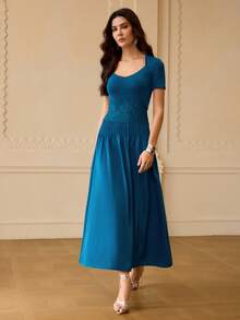 ZEYLAH Knit Satin Lace Patchwork A-Line Dress, Spring/Summer - Teal Blue - View 4