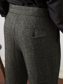 Core Aspect Pantalones casuales de hombre con cremallera, cinturón de cuero, textura de espina de pescado, pierna recta, pantalones de traje con pliegues, pantalones de vestir a rayas, pantalones de cintura alta para ceremonia - Multicolor - Ver 2