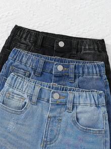 SHEIN Set de 3 pantalones cortos elásticos de mezclilla negros, azul marino y azul claro para niños - Multicolor - Ver 4