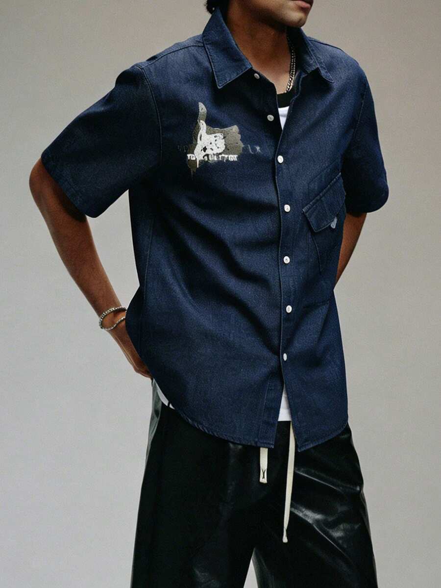 Manfinity Hypemode Men's American Style Premium Printed Denim Short Sleeve Shirt - Blue - View 1