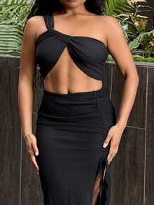 Tyla Gomez 不對稱領口飾帶打結褶皺夏季上衣和裙子套裝 - 黑色 - 查看 3