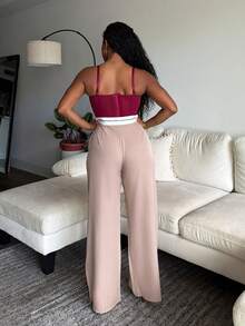 Tyla Gomez Traje informal con pantalones de pierna ancha de color contrastante con bolsillo para otoño/invierno - Caqui - Ver 2