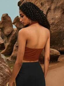 Poéselle Top sin espalda con cuello de halter sexy para mujer - Marrón - Ver 6