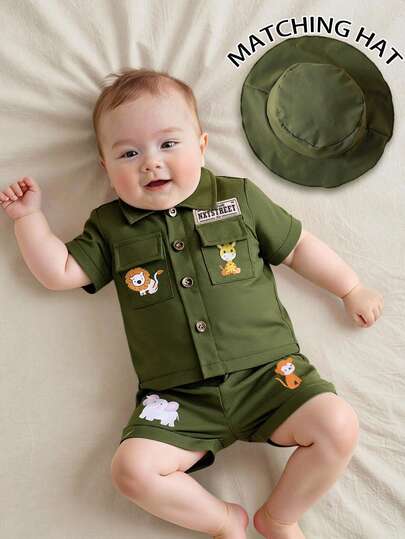 SHEIN Bộ quần áo in hình động vật rừng dễ thương cho bé trai sơ sinh, kèm mũ, thích hợp mặc hàng ngày, đi chơi, dự tiệc, phù hợp cho mùa xuân và mùa hè.