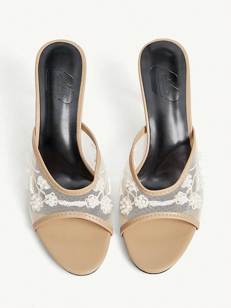 CUCCOO CHICEST Women Shoes Summer New Embroidery Beaded Round Toe Thin Heel High Heel Elegant Temperament Fashion Mesh Women's High Heel Sandals Dew Heel Slippers Elegant Temperament Fashion Wedding Valentine's Day Tea Elegant Wear Summer Shoes Wedding Shoes Bride Shoes