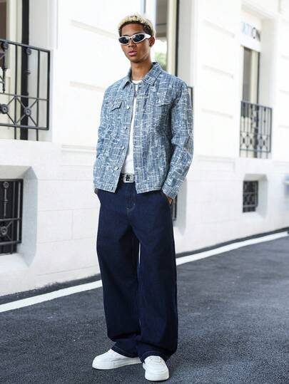 Manfinity EMRG Young Street-Style Washed Blue Loose Jacquard Denim Jacket, Spring/Summer
