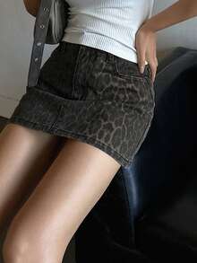 DAZY 女士休闲秋季豹纹牛仔迷你裙牛仔裙 - 棕色 - 查看 7