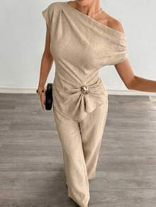 Siren Gaze Nuevo conjunto de top asimétrico de hombro y pantalones de decoración metálica - Albaricoque - Ver 6