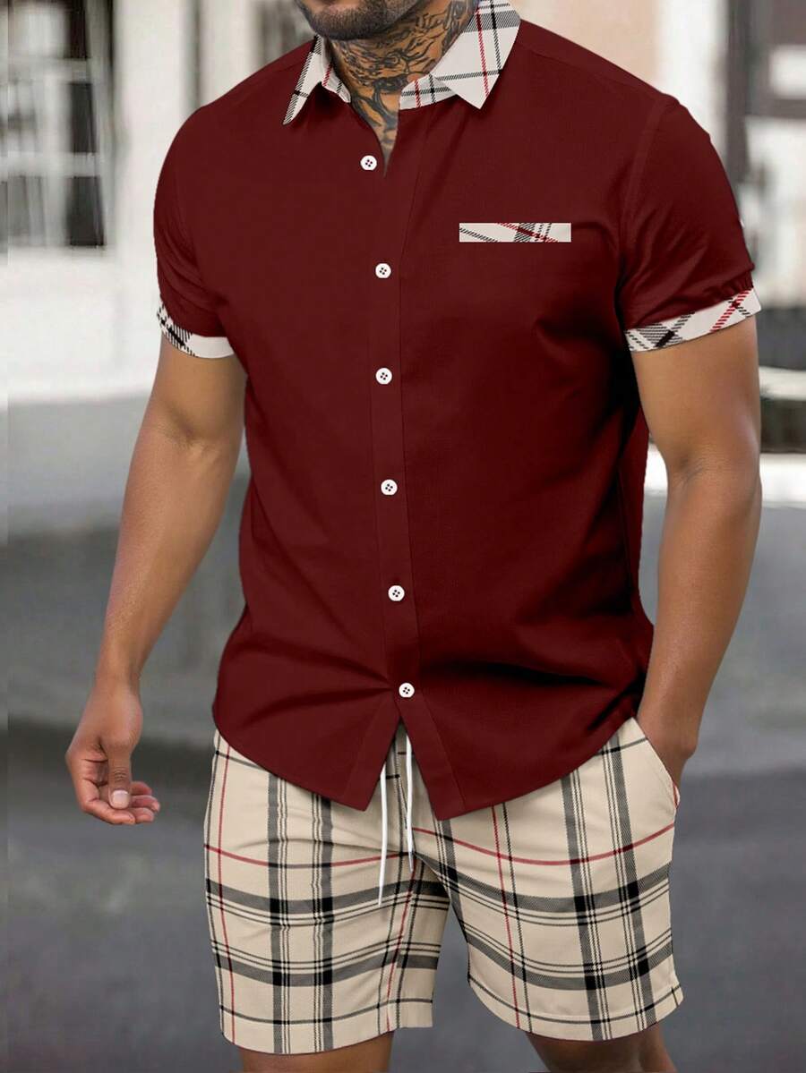 Manfinity Homme 男士格紋拼接短袖襯衫與短褲休閒套裝,正式款 - 彩色 - 查看 1